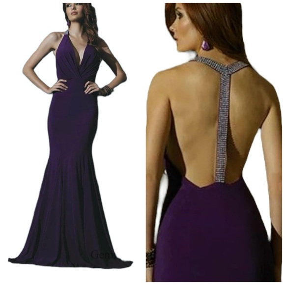 JOVANI Navy Blue Formal Dress sz 2 Halter Sleeveless Rhinestones Full Lengrh - Picture 13 of 14